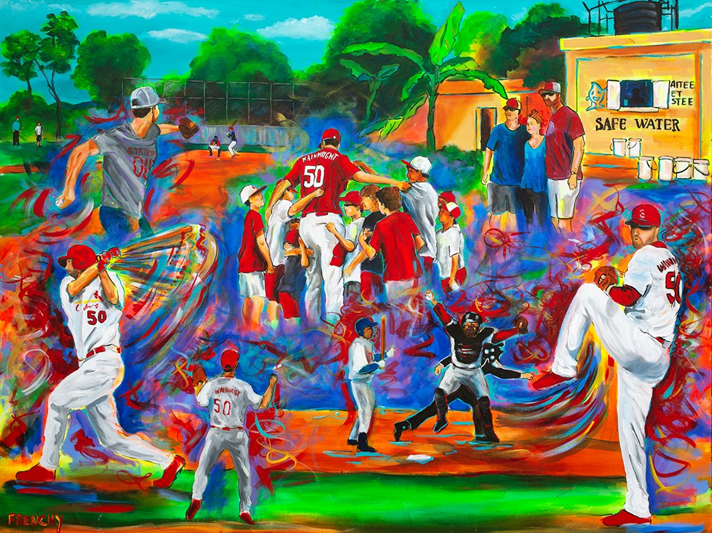 Frenchy's Adam Wainwright tribute painting: Wainwright pitching, batting, and celebrating with young players beside a Safe Water building