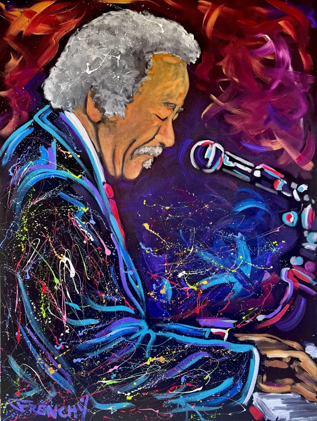 Frenchy's finished Allen Toussaint painting: Allen at the piano, eyes closed and singing into the microphone, his suit splattered with color against swirls of red and purple