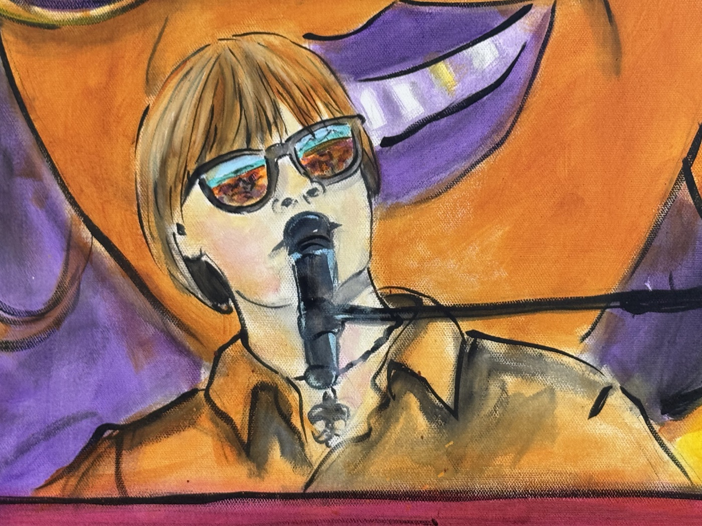 Detail of Frenchy's River Eckert painting, showing River's face, sunglasses and microphone