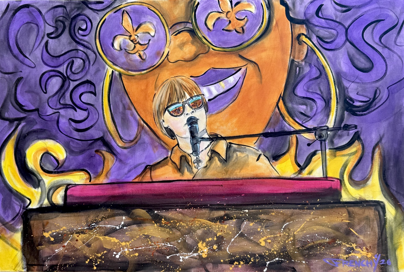 Frenchy's River Eckert painting: River at the keys in sunglasses, singing into the microphone, with the Funk Fest smiling face in fleur-de-lis glasses behind him against swirls of purple and gold