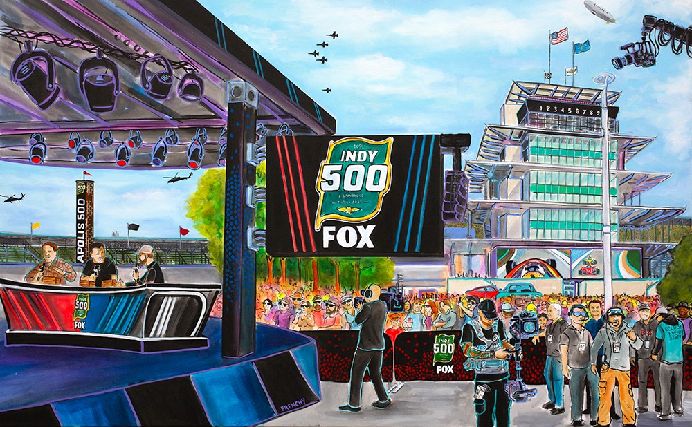 Frenchy's painting of the FOX Sports Indy 500 studio, with the crew, crowd, and Pagoda behind it